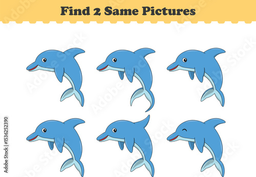 Funny cartoon dolphin. Find two same pictures. Educational game for children. Cartoon vector illustration