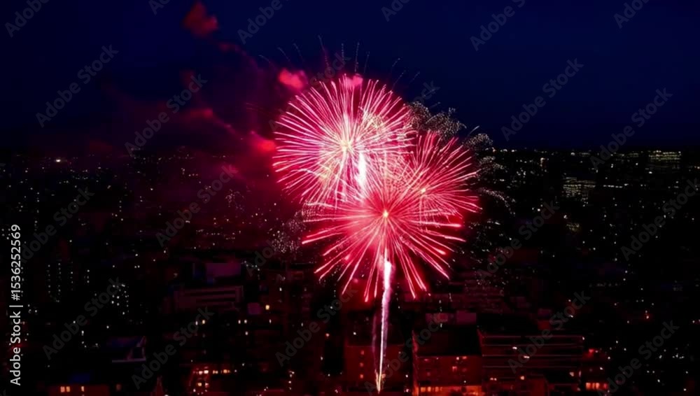 Colorful Fireworks Over a City Skyline.  Bright red fireworks exploding over a city skyline during a nighttime celebration