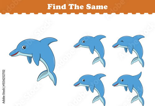 Funny cartoon dolphin. Find same pictures. Educational game for children. Cartoon vector illustration