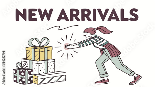 Illustration of a woman reaches for a stack of gifts that says new arrivals