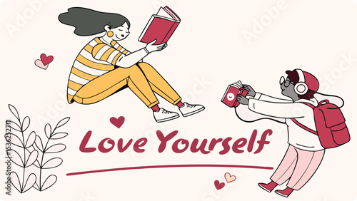 Illustration of two young people, one reading a book and the other listening to music, are shown in a simple illustration with the words love yourself