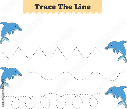 Trace line worksheets for children. Preschool handwriting practice with dolphin. Vector illustration