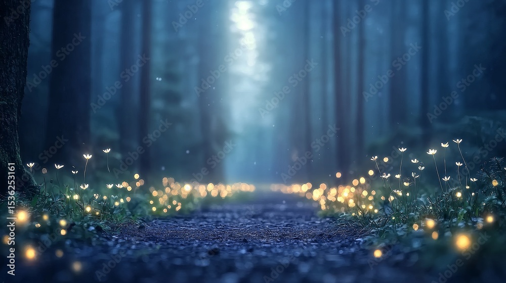 Enchanting nighttime forest pathway with glowing flowers serene nature scene tranquil environment dreamy viewpoint Enchanting nighttime forest pathway with glowing flowers serene nature scene tranquil environment dreamy viewpoint