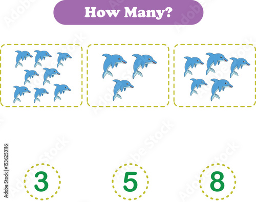 Addition for children. Addition with dolphin. Worksheets for children. Vector illustration