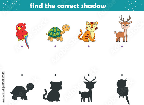 Funny cartoon wild life. Find the correct shadow. Kids Education games. Cartoon vector illustration
