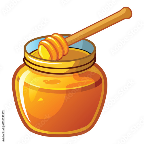 Cheerful Cartoon Illustration of a Jar with Honey Dipper, Isolated on White