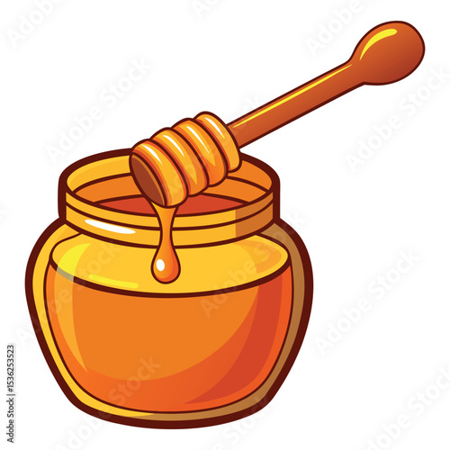 Vibrant Cartoon Depiction of a Honey Jar and Dipper, Isolated on White
