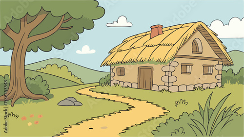 A dwelling in a village with clay walls and a straw roof
