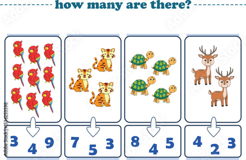 Counting game of wild animals for preschool kids. Printable. Vector Illustration
