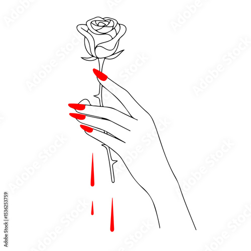 Minimalist Black and White Illustration of Female Hand Holding Thorny Rose Piercing Palm with Red Blood Drops and Red Nails – NoteVivus Concept of Pain and Beauty