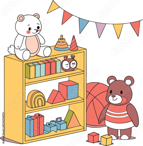 kids room toys teddy bear shelf books decor fun