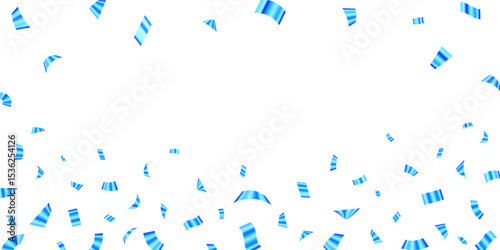 Festive blue metallic confetti background, falling shiny streamers for party celebration. Anniversary celebration banner background. Bright festive tinsel. Birthday party confetti backdrop.