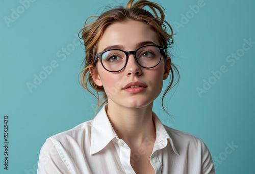 Young Woman in White Shirt and Glasses Stylish Portrait Teal Background