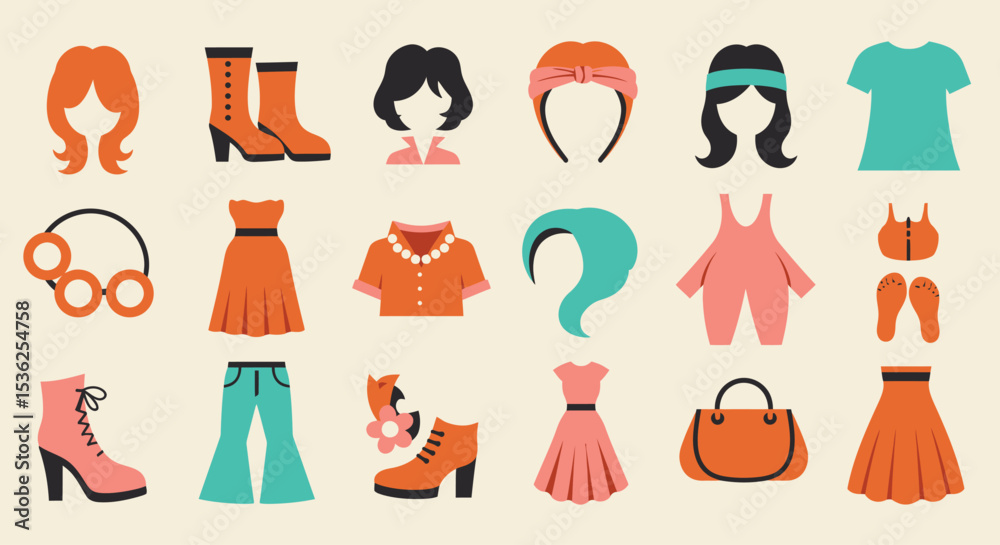 Fototapeta premium Mix-and-Match Retro Fashion Icon Set – 60s & 70s Inspired Hairstyles, Clothing & Accessories