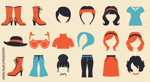 Mix-and-Match Retro Fashion Icon Set – 60s & 70s Inspired Hairstyles, Clothing & Accessories