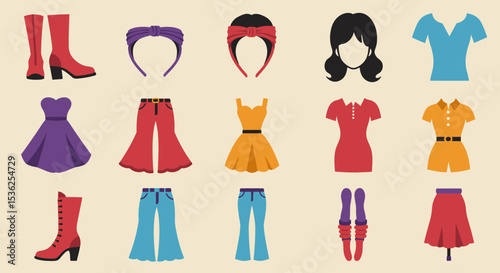 Mix-and-Match Retro Fashion Icon Set – 60s & 70s Inspired Hairstyles, Clothing & Accessories