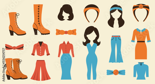 Mix-and-Match Retro Fashion Icon Set – 60s & 70s Inspired Hairstyles, Clothing & Accessories