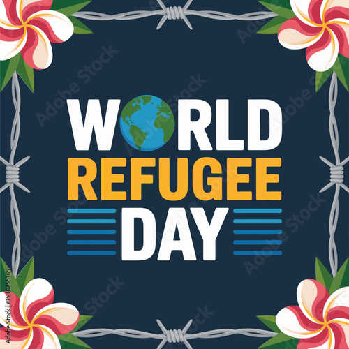Simple global illustration with bold refugee message, floral elements and barbed wire composition in blue 