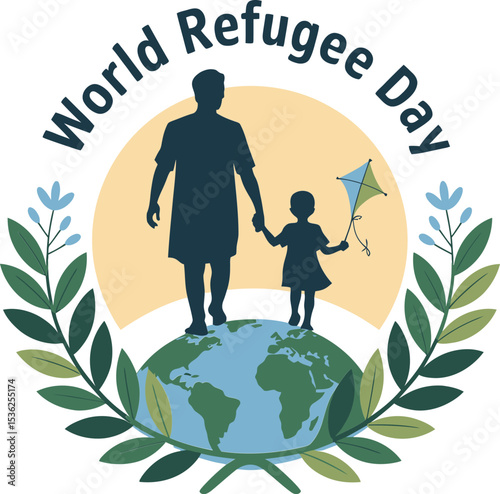 Silhouette of adult and child over globe with olive leaves and curved world refugee day text above  