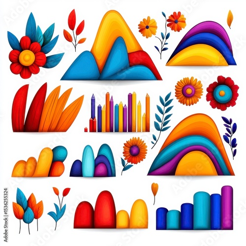 Colorful Abstract Floral and Mountain Shapes Design Elements