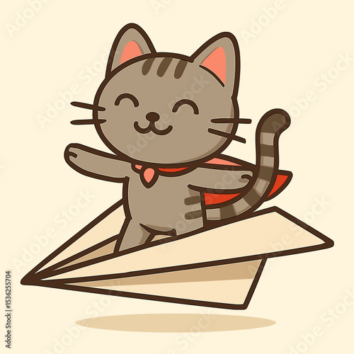 A stylish cartoon cat piloting a paper airplane, balancing gracefully with arms stretched while wearing a flowing cape. Unique and whimsical vector illustration on a plain background.









