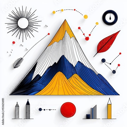 Colorful Geometric Mountain Illustration with Hand Drawn Elements