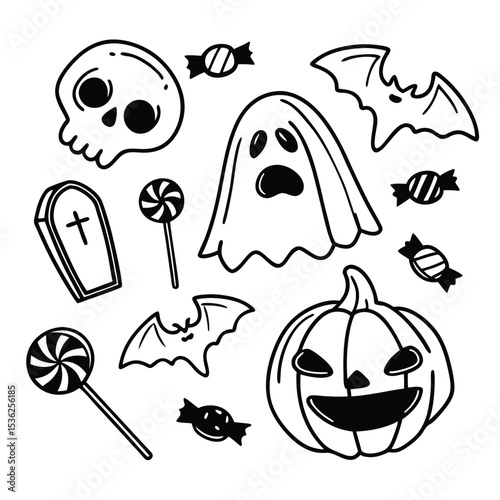 halloween Modern Halloween Sticker Pack with Bats Pumpkins and Candies spooky face stickers halloween bat vector pumpkin sticker set halloween candy clipart 
