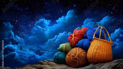 Colorful Gifts and Woven Baskets Under a Starry Night Sky