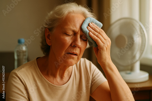 Elderly woman suffering from extreme heat and heatstroke symptoms cooling down with cloth and fan