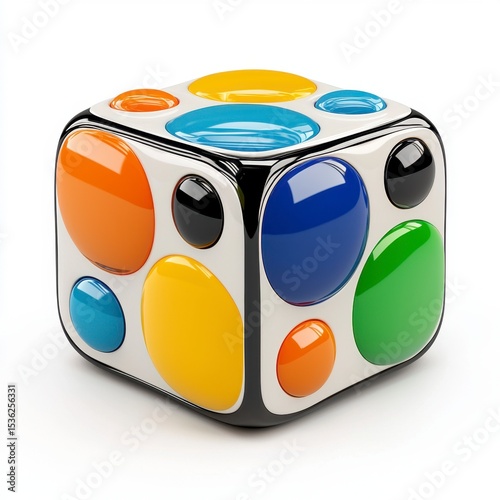 Colorful Glossy Cube with Bright Circles on White Background