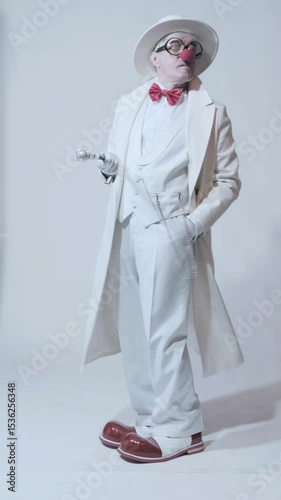 Vertical video of dancing clown. An elderly man in a white coat and hat with walking stick. The artist is wearing large red patent leather clown boots.