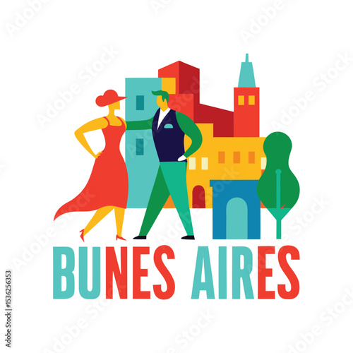 Postcard Style Illustration of Buenos Aires with Iconic Landmarks