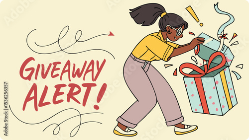 Illustration of a young woman excitedly opens a large gift box in a giveaway alert illustration
