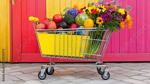 Colorful Mini Shopping Cart with Fresh Produce and Flowers Against Bright Wall