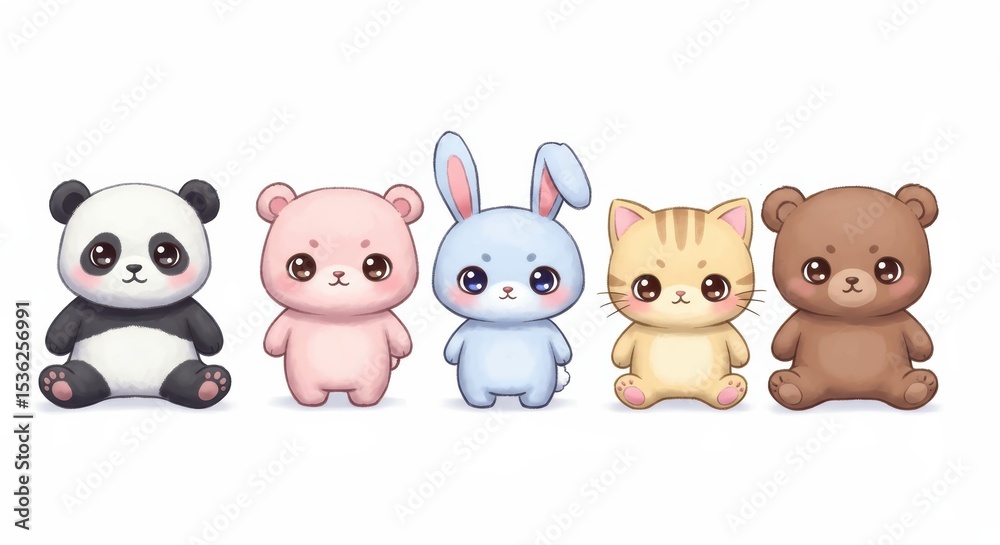 Naklejka premium Cute Cartoon Animals Panda Bear Bunny Cat