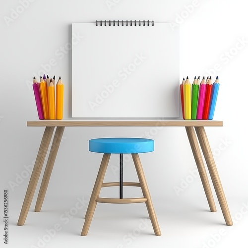 Colorful Pencils and Blank Paper on Wooden Desk with Blue Stool