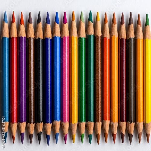 Colorful Pencils Arranged in a Row on White Background