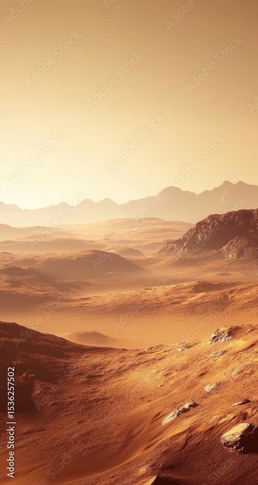 Naklejka premium Martian landscape panorama, warm light