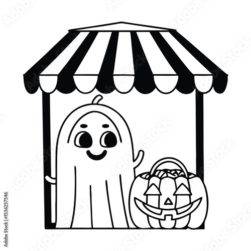 halloween Cute Ghost Peeking Behind Jack-o-Lantern in Halloween Vector spooky cute vector ghost character clipart  ghost hiding pumpkin chibi halloween ghost 