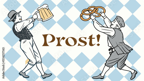 Illustration of two men in traditional bavarian costumes toast with beer and pretzels