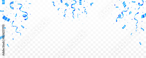 Celebration background with falling blue confetti and ribbons on transparent background.