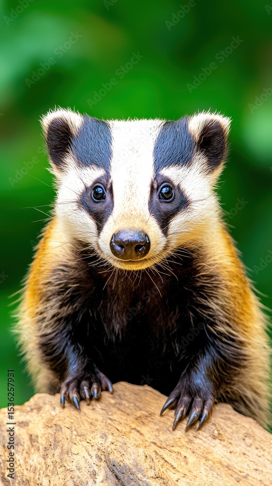 Obraz premium Alert Hog Badger Portrait Close up of a White, Black, and Brown Furry Mammal on a Rock