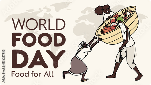 Illustration of two people carry a large basket of food celebrating world food day
