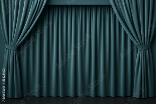 Elegant dark teal stage curtain closed with tied side drapes in soft light creating an abstract background with smooth fabric texture detail.