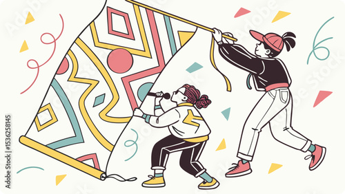 Illustration of two girls joyfully hold a colorful geometric patterned banner while one sings into a microphone