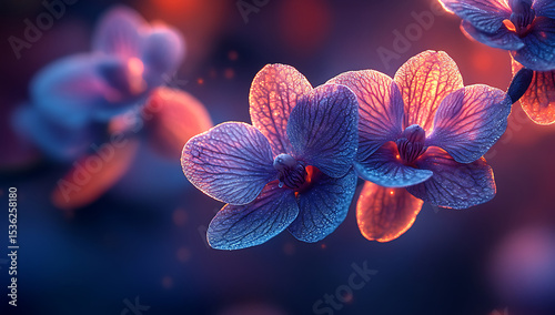 Orchid mockup with glowing purple and blue petals in soft focus

