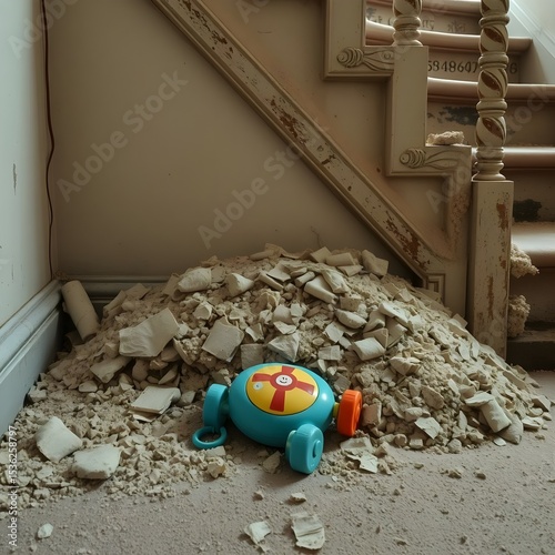 A child's toy resting beneath a pile of dust near a rotted staircase.