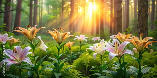 Golden and white lilies bathed in sunlight within a tranquil forest setting