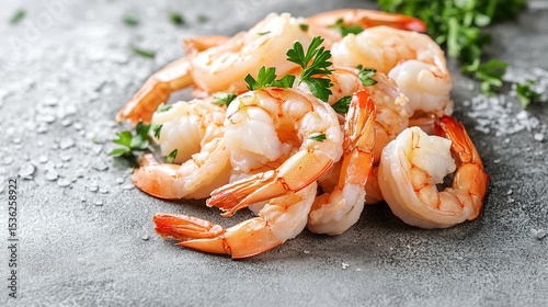 Cooked shrimp garnished with fresh parsley and sprinkled with coarse salt on a textured gray surface.