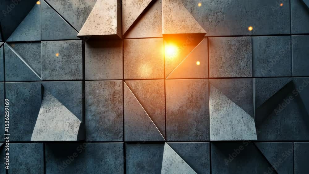 Geometric dark grey concrete wall with triangular texture and warm light flare